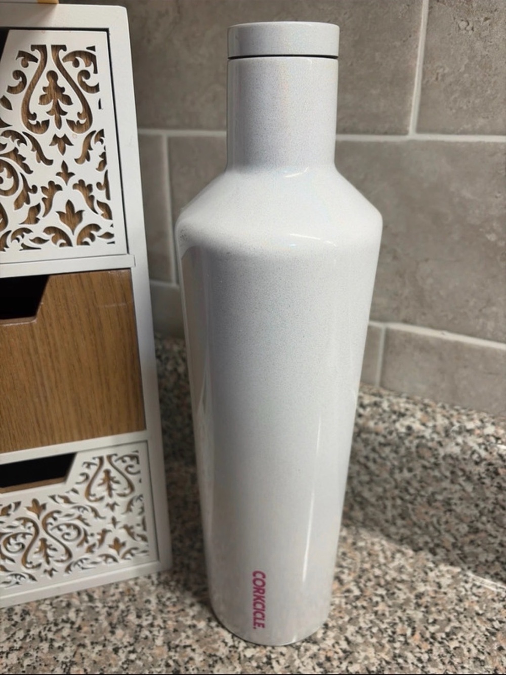 Corkcicle White Glossy Insulated Bottle with Pink Logo